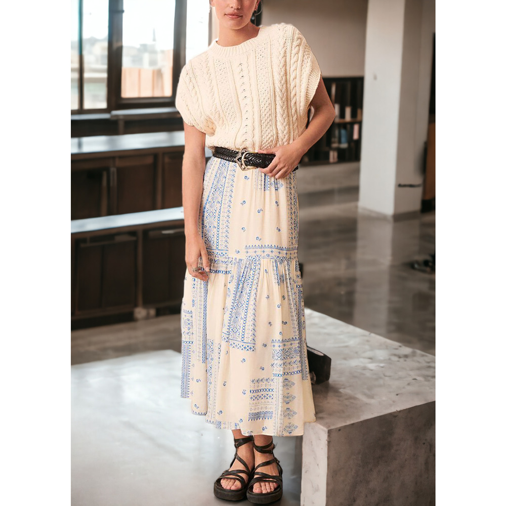 (60% OFF) NWT BA&SH Ionder Print Tiered Midi Skirt in Ecru & Blue L MSRP: $260